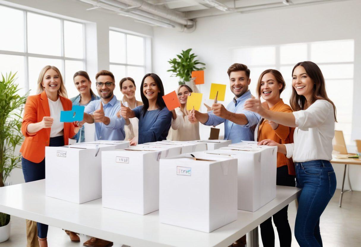 A diverse group of happy employees voting in a bright, inviting workplace, with colorful ballots and smiling faces. Include elements of teamwork, positivity, and engagement like high-fives and brainstorming sessions in the background. The office should have uplifting decor with plants and artwork. super-realistic. vibrant colors. white background.