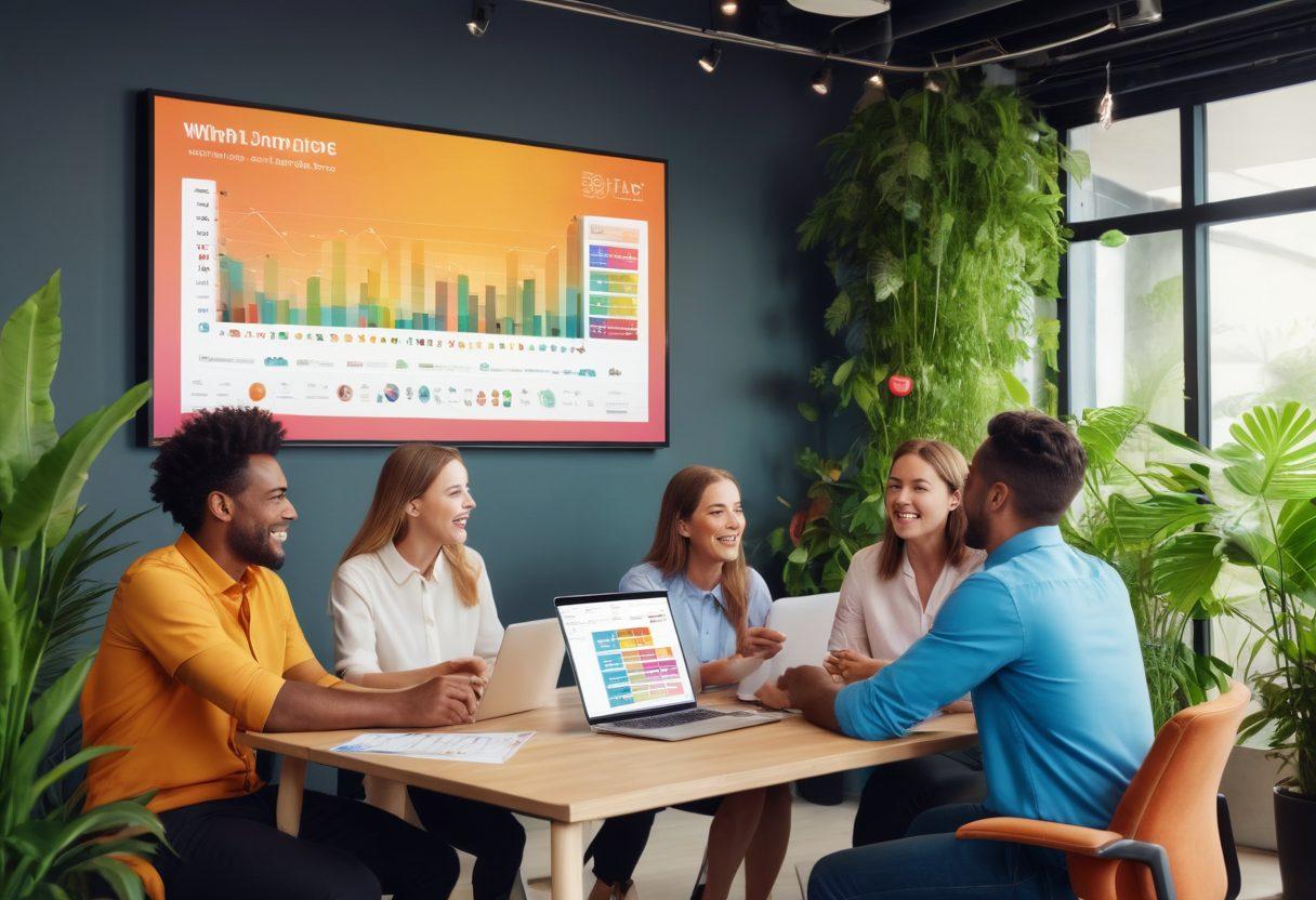 A vibrant office scene showcasing diverse employees gathered around a large digital display showing a Happiness Index graph. Each employee is joyfully casting votes with colorful buttons, surrounded by plants and motivational posters. The atmosphere is bright, reflecting a sense of community and positivity, capturing moments of laughter and collaboration. super-realistic. vibrant colors. modern design.
