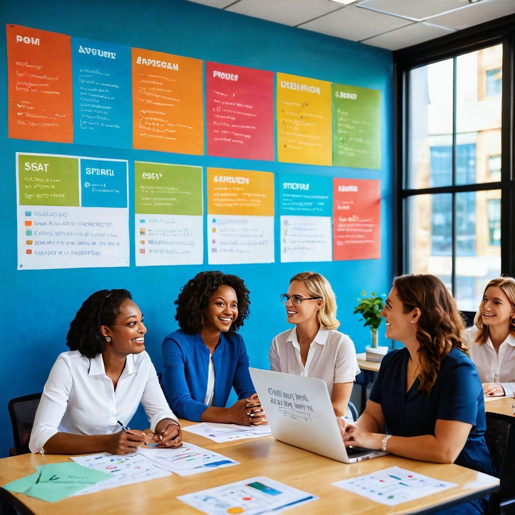 A vibrant office scene where diverse employees are joyfully engaging in a feedback session, surrounded by colorful charts and positive affirmations on walls. In the background, large windows showcase a sunny day, symbolizing a bright future for the company. Include elements like speech bubbles filled with constructive comments and a digital poll display. super-realistic. vibrant colors. bright background.